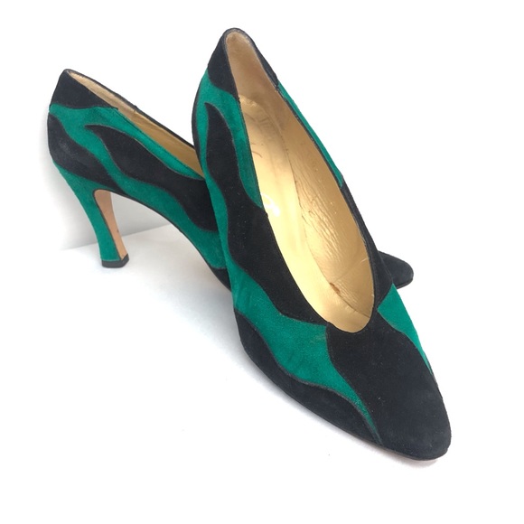Norma B Green Black Swirl Suede Heels - Picture 1 of 16